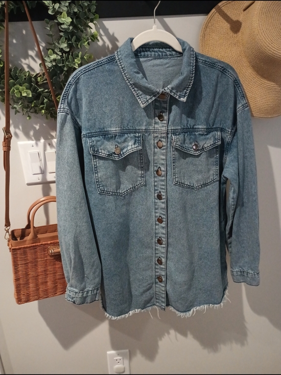 None Tops - Denim Button-Up Tunic Shirt - Light Blue Side Pockets Raw Hem L